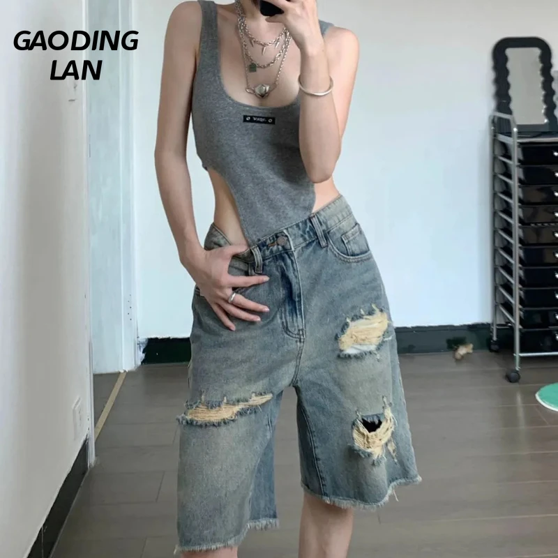 

American Vintage Blue Knee Length Women Hole Shorts High Waist Hotpants Rolled Denim Shorts Streetwear Pocket Short Jeans Ladies