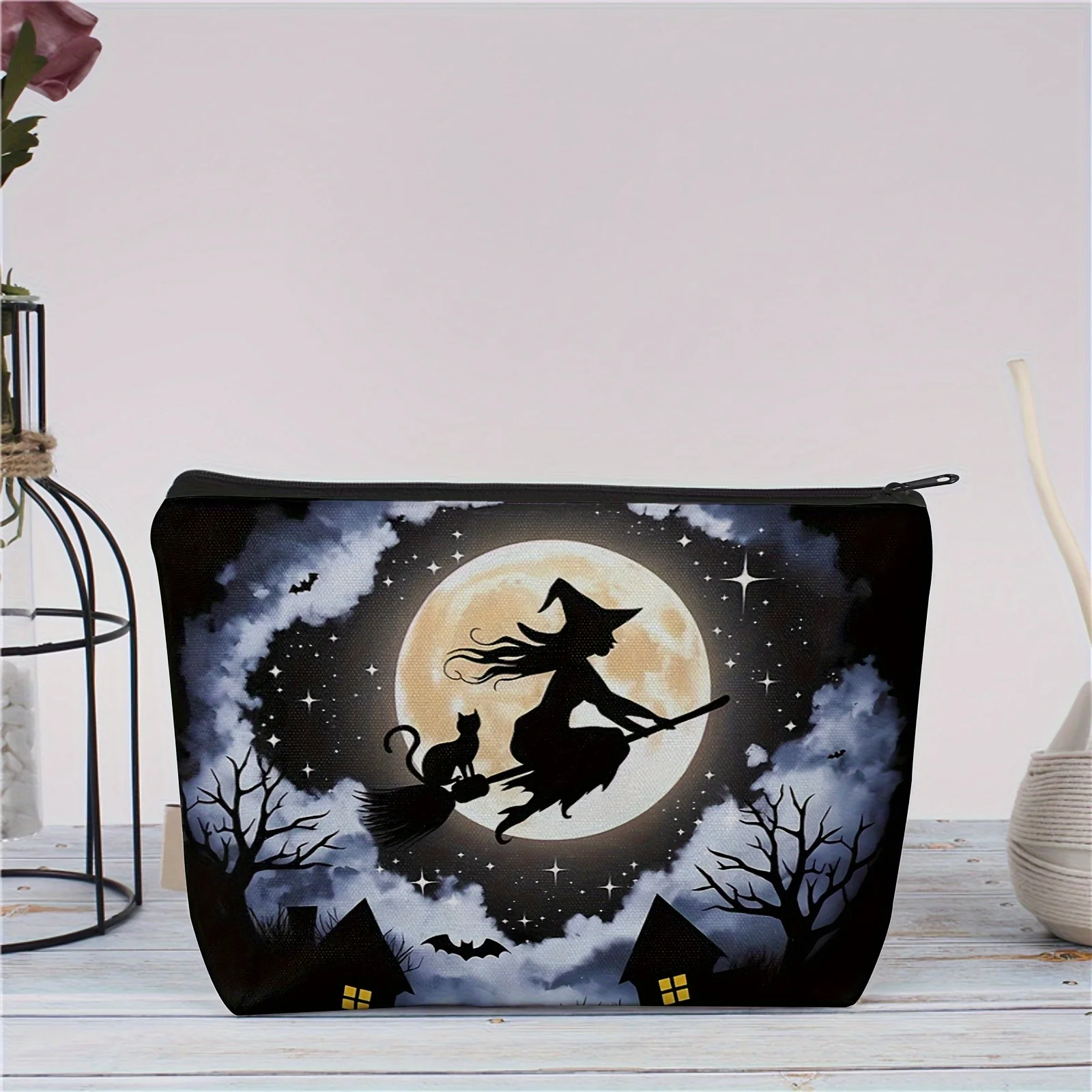 Enchanted Forest Witch and Cat Full Moon Cosmetic Bag Spooky Halloween Themed Makeup Pouch with Bats Stars and Full Moon Design