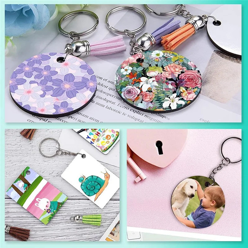 Sublimation Key Ring Blanks Set with Heat Transfer MDF Blank 3 Shapes T els Pendant Jump Rings Key Ring with Chain