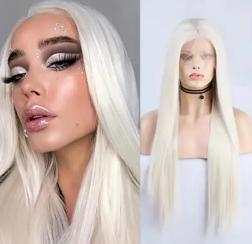 Platinum Blonde Wig Synthetic Lace Front Wig Long Silky Straight Glueless Synthetic Hair Lace Wigs For Women Daily Wear Cosplay