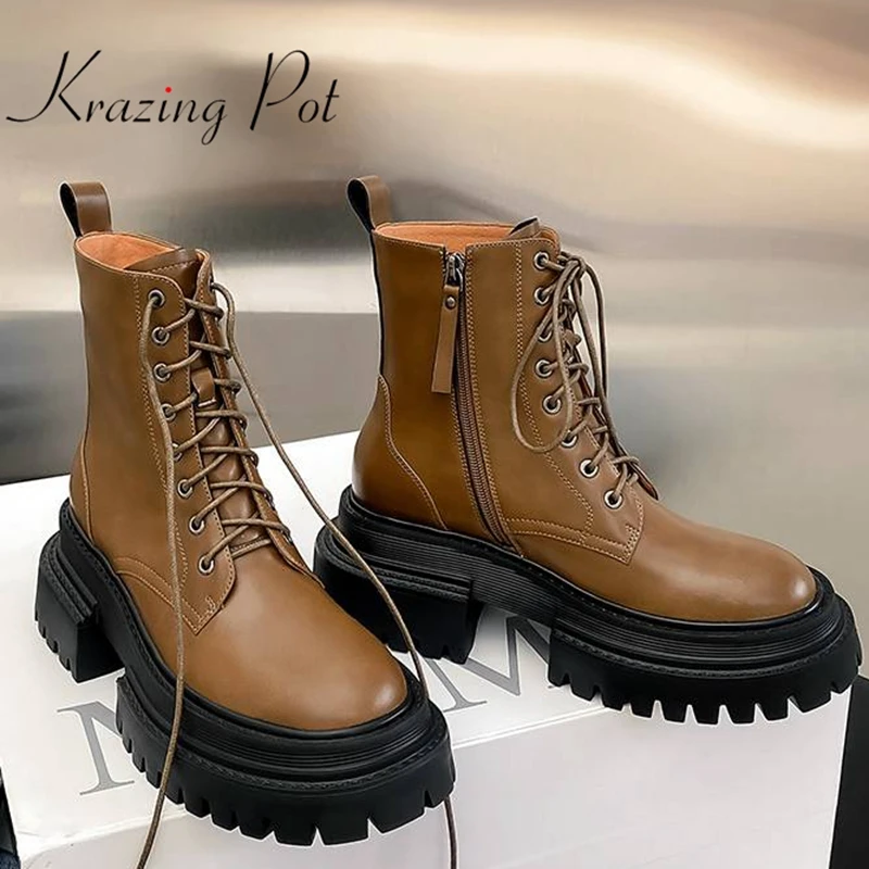 Krazing Pot Cow Leather Motorcycle Boots Round Toe High Heels Leisure Zipper British School Cozy Cross-tied Platform Ankle Boots