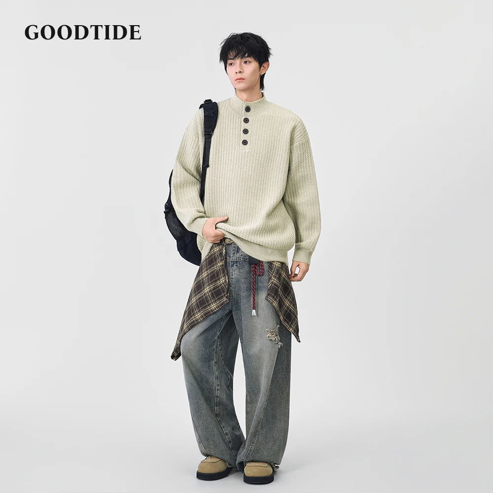 Fashion Men's Casual Mock Neck Sweater 2025 Winter New Waffle Knit Pullover Button Placket Soft Long Sleeve Jumper Top