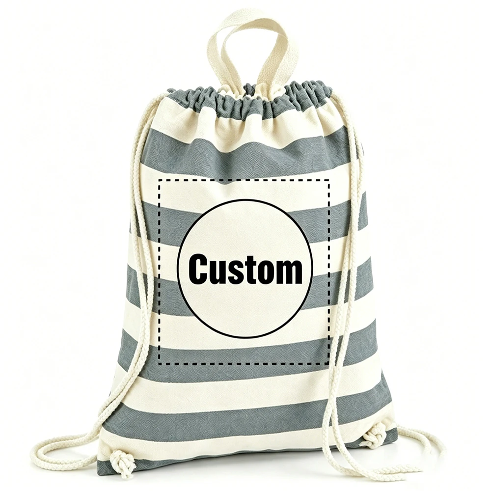 

Durable Drawstring Canvas Bag Custom Text Large Capacity For Beach Camping Shopping Travel Storage Bag Gift