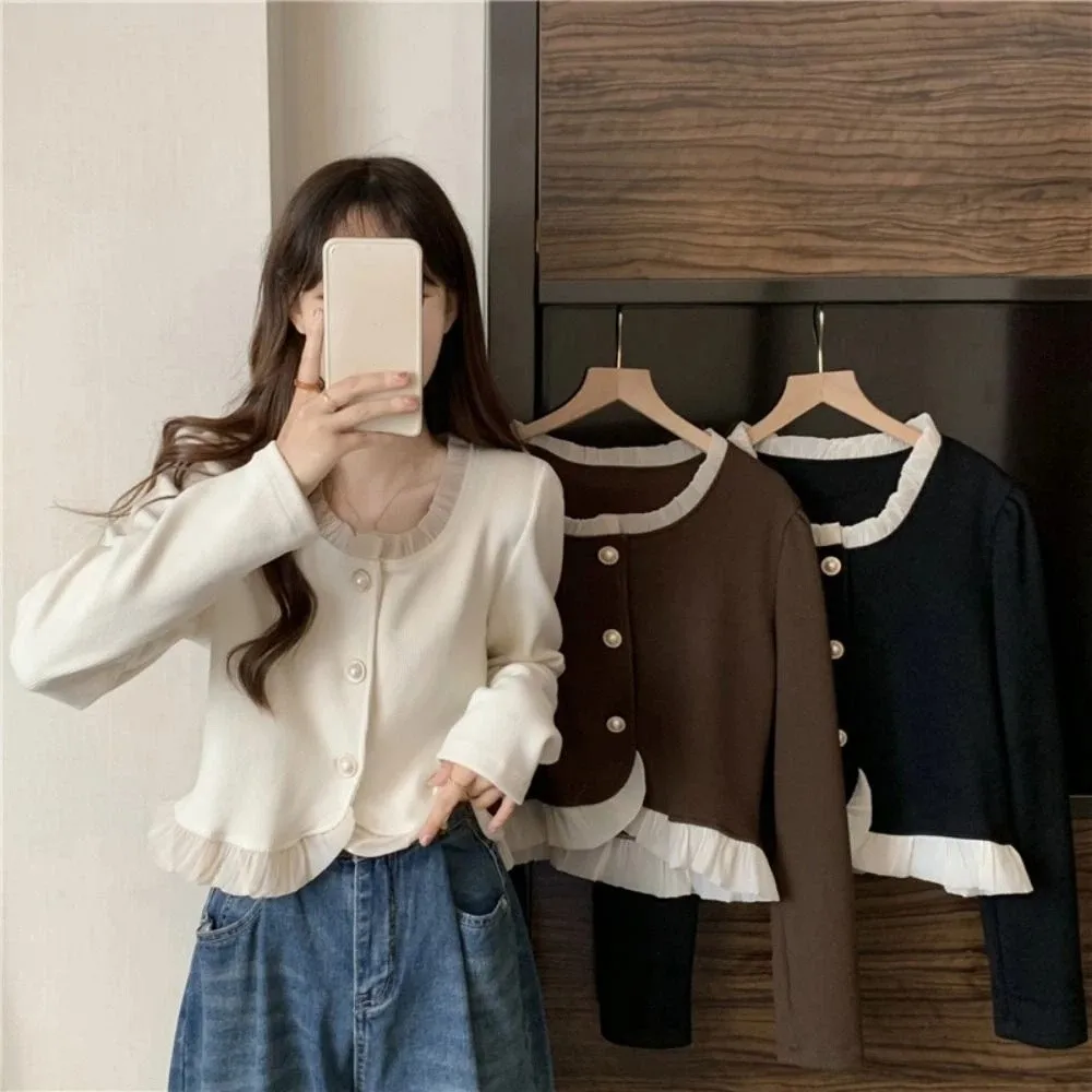 Maglioni primaverili in pizzo solido manica lunga autunno cardigan primaverili donna Y2K top larghi da donna cappotti corti slim femminili