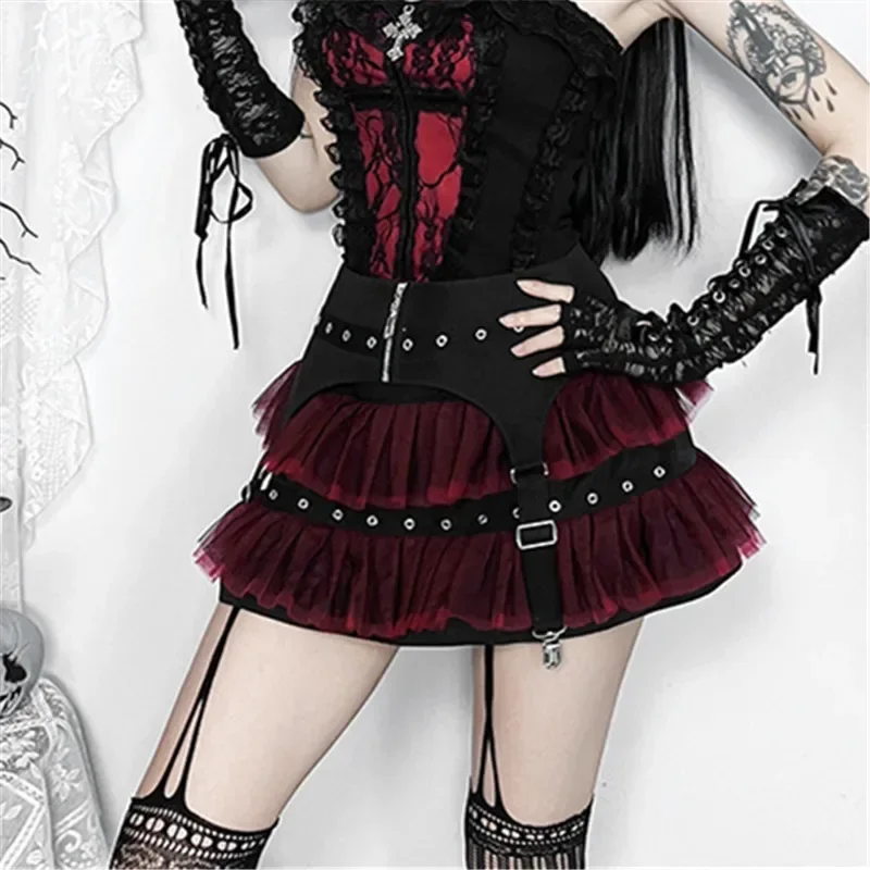 Vintage Dark Kawaii Mesh Patchwork Ballet Skirt E-girl Gothic Slim Zip Corn Mini Skirts Women Streetwear Cyber Y2K A-line Skirts