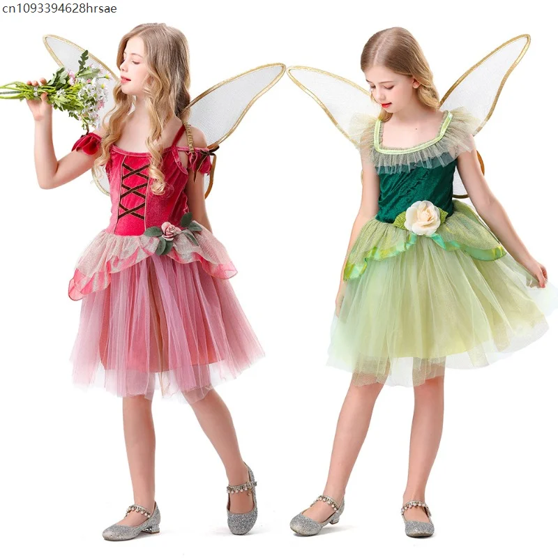 

Cute Girl Princess Puffy Dress Cosplay Green Pink Forest Flower Dress Fairy Tale Elf Costume with Transparent Wings Children