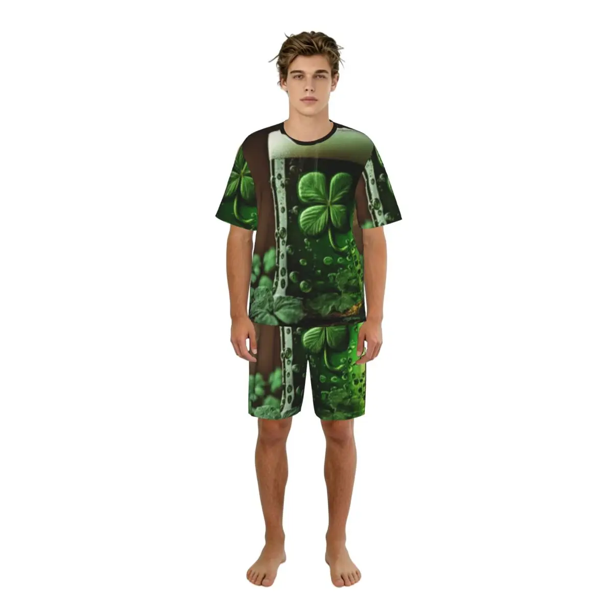 

Мужской пижамный комплект с короткими рукавами и шортами, с принтом пивного бокала и клеверных листьев, повседневная ночная одежда, домашний костюм