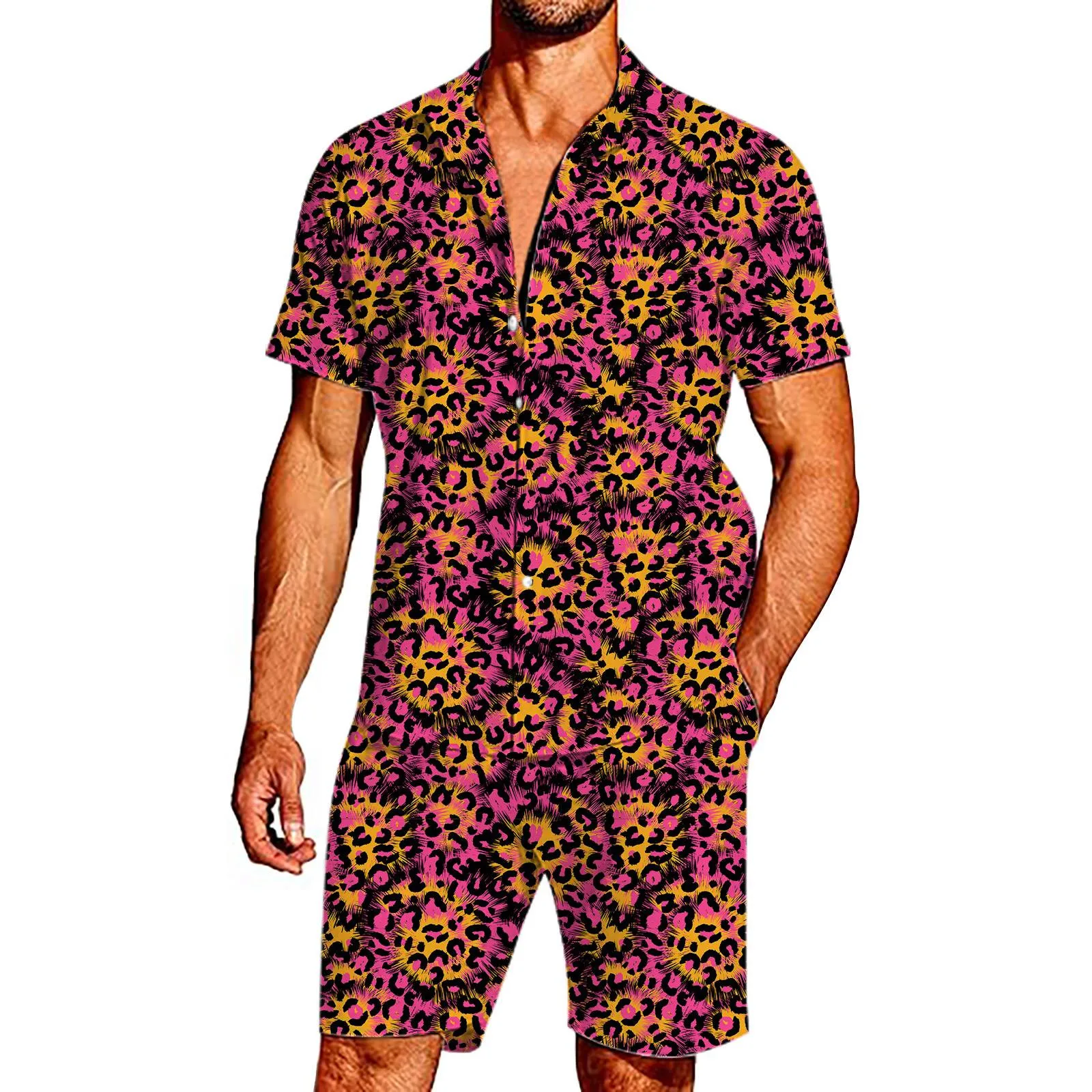 

Leopard Print Fashion Summer Men's Tracksuit Short Sleeve Shirt Set Leopard Print Clothing 2 Pieces Casual Suit Streetwear Suits