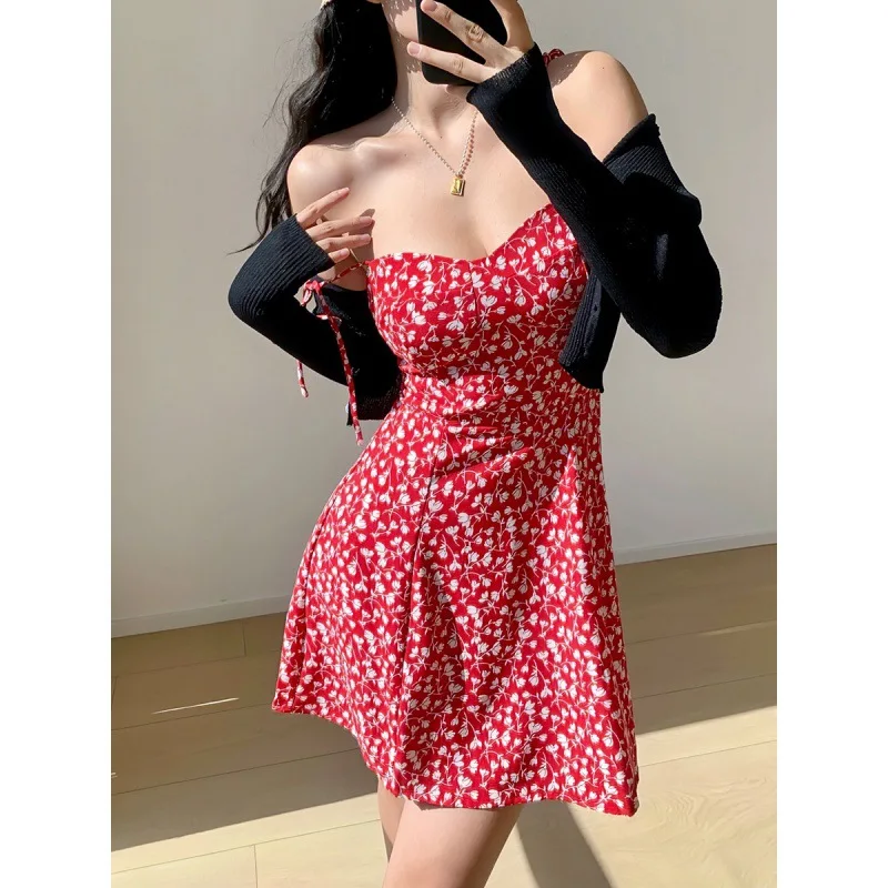 Sommer mode sexy Krawatten gurte Mini kleid Frauen silm rot Camis kurze Kleider fragmentierte Blumen hemd Kokette lässig y2k Kleidung