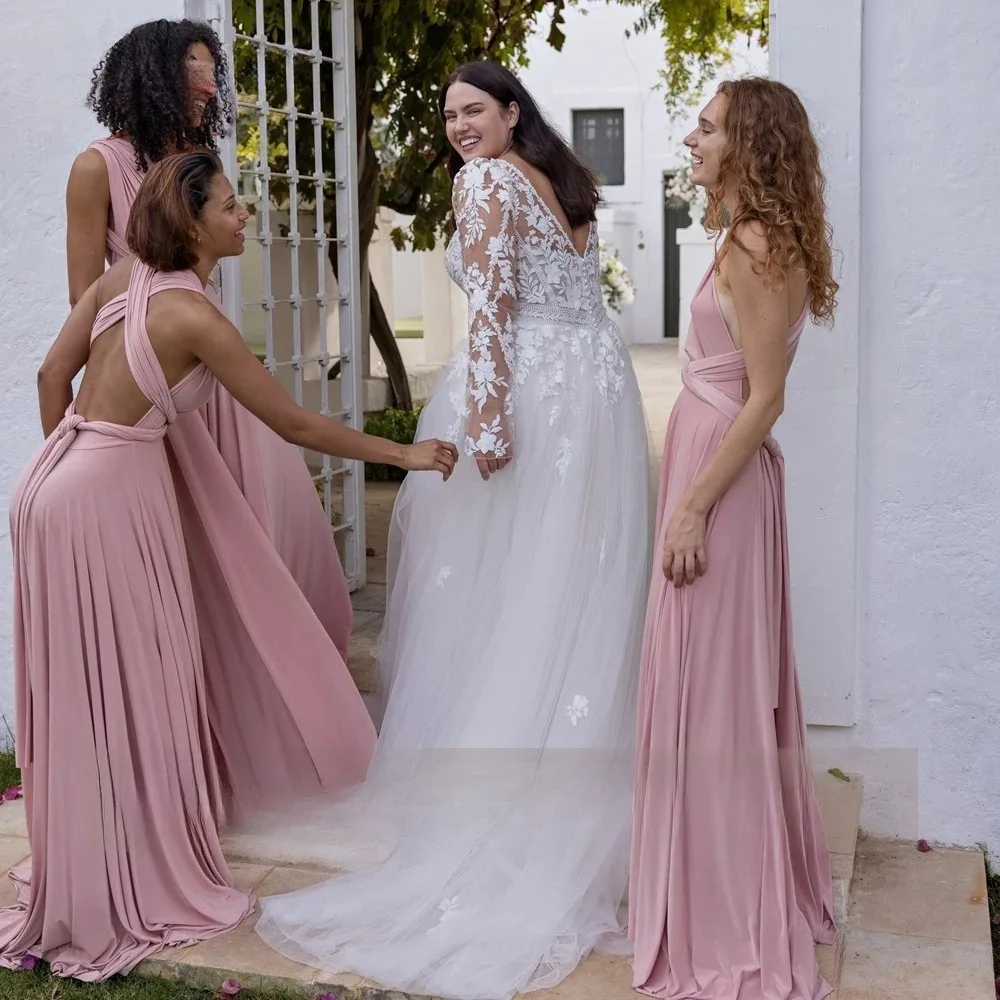 Plus Size Customized Wedding Dresses V Neck Long Sleeves Bridal Gowns Appliques Floor Length Tulle Vestido De Noiva
