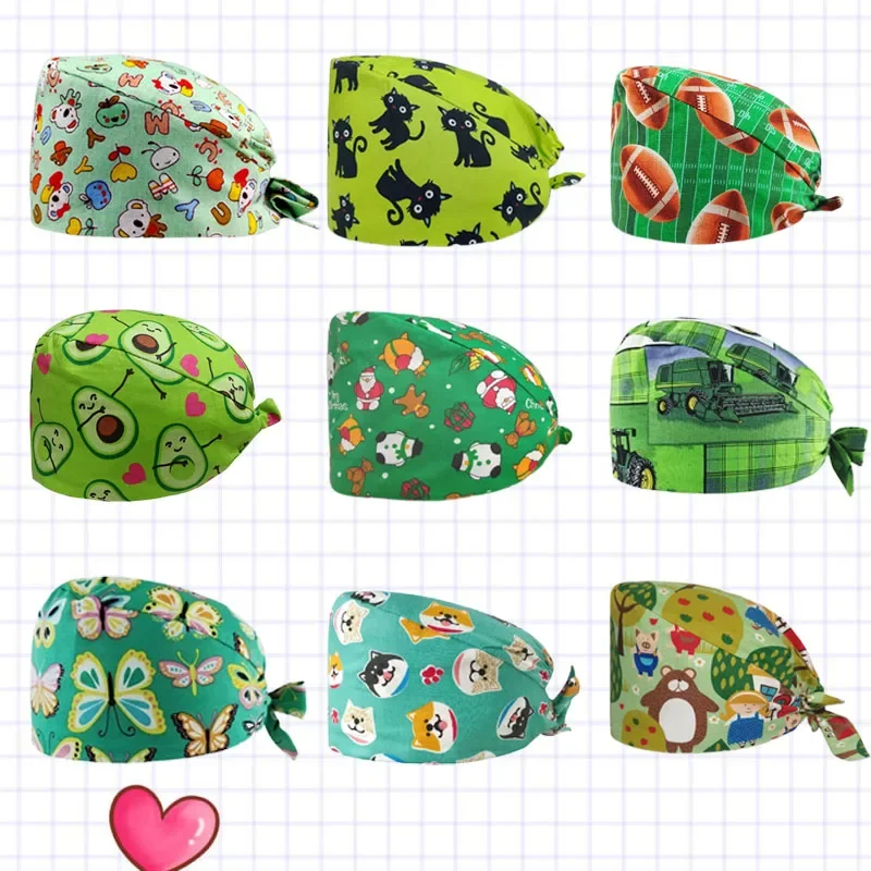 

Printed Scrub Hats Bandage Working Caps Women Cotton Buttons Elastic Adjustable Hats Beauty Salon Pet Grooming Work Caps