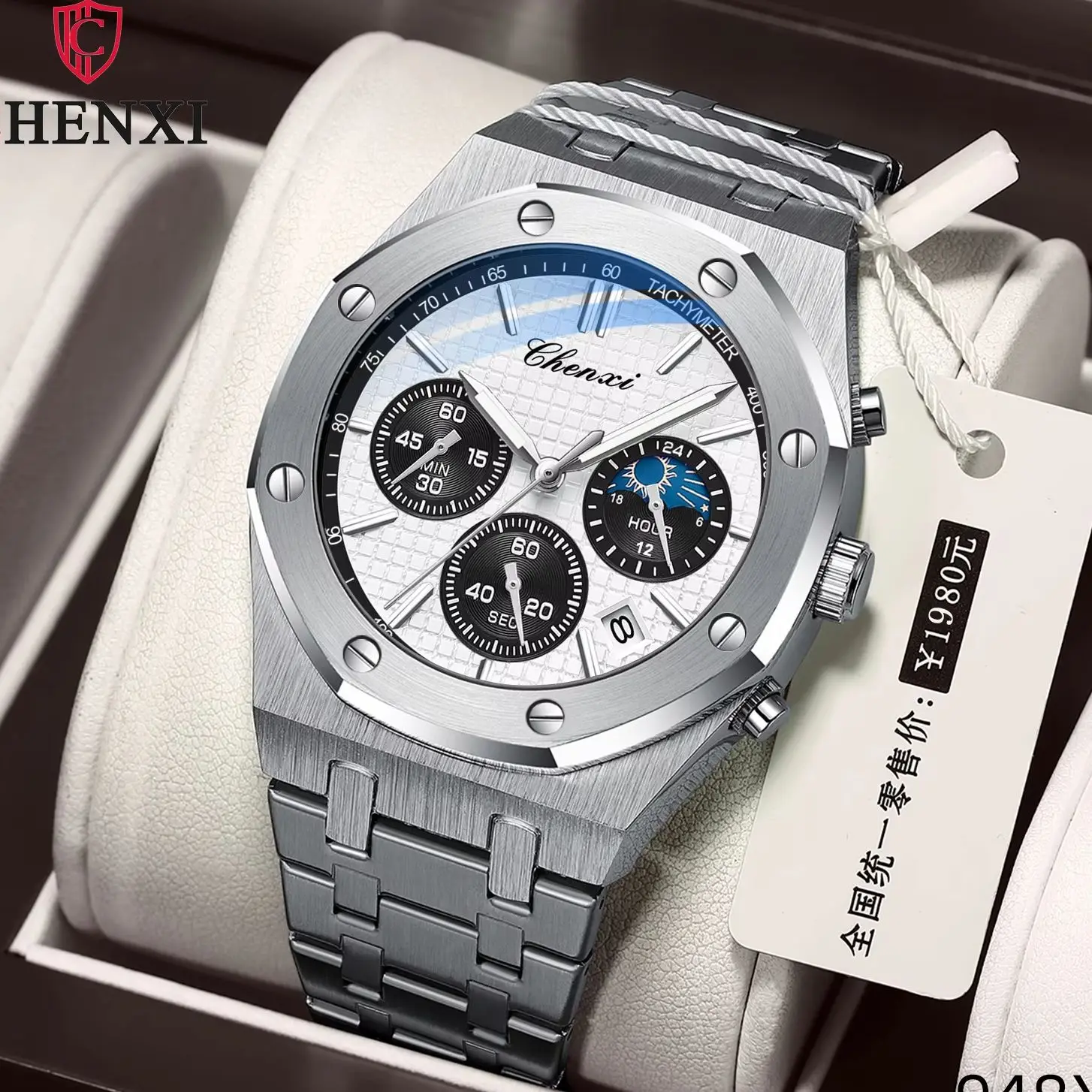 

Luxury Casual Multifunction Men's Watch Triple-Eye Chronograph with Date and Moon Phase Water-Resistant Quartz Men's Wristwatch
