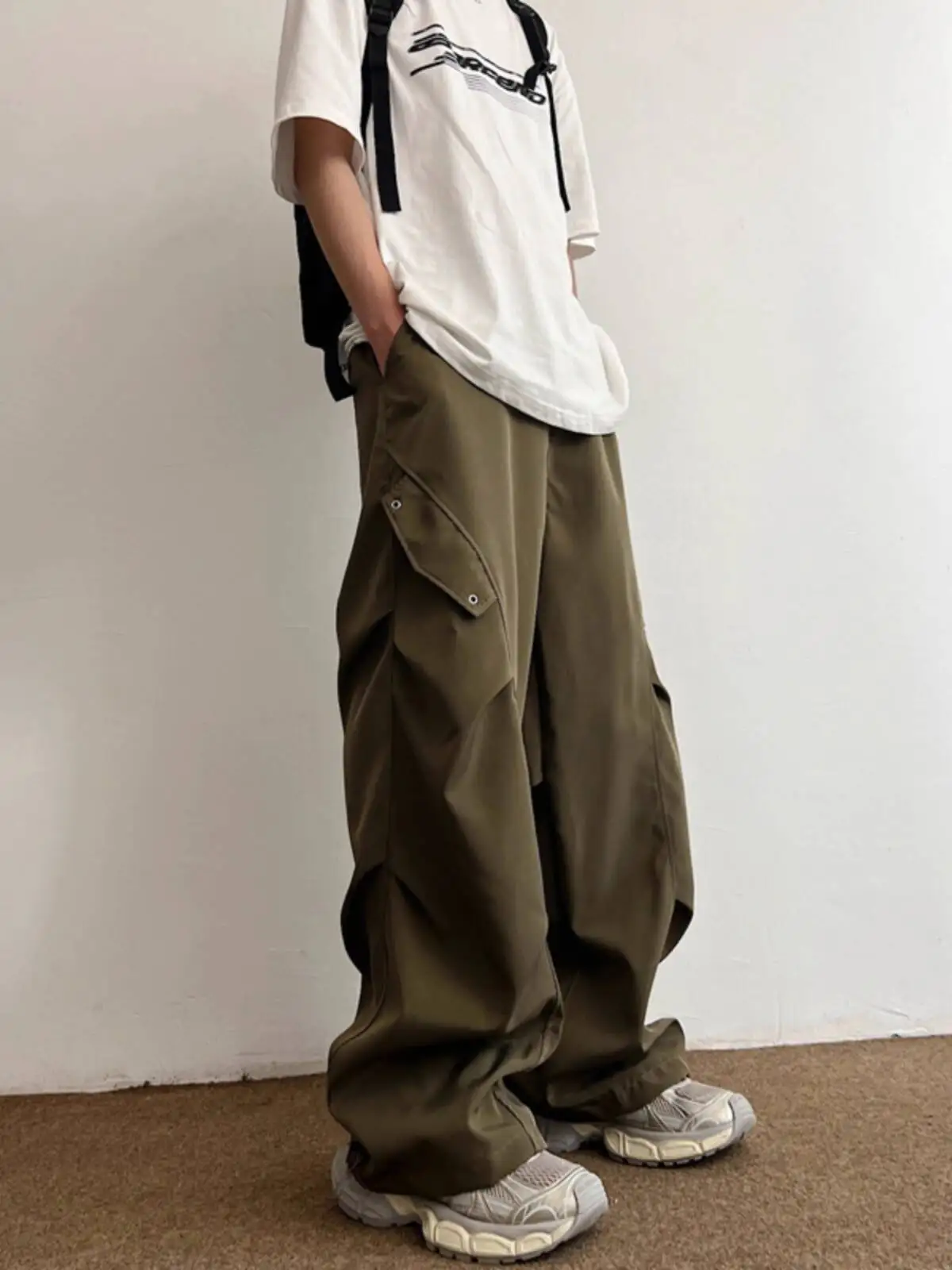 กางเกงลำลองสไตล์ฮิปฮอปสตรีทสำหรับผู้ชาย แบบยูนิเซ็กส์ วินเทจ ผ้ามีรอยยับ ทรงหลวม ขากว้าง
