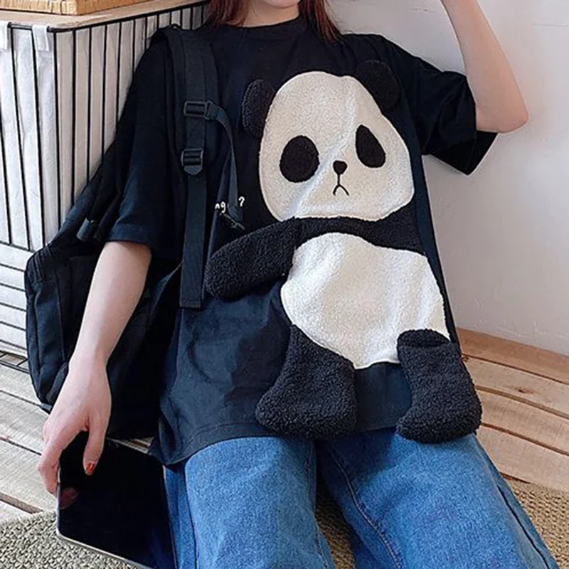 2024 Spring/Summer New Korean Ins Cartoon Panda Chic Loose Top Student Short sleeved T-shirt Female