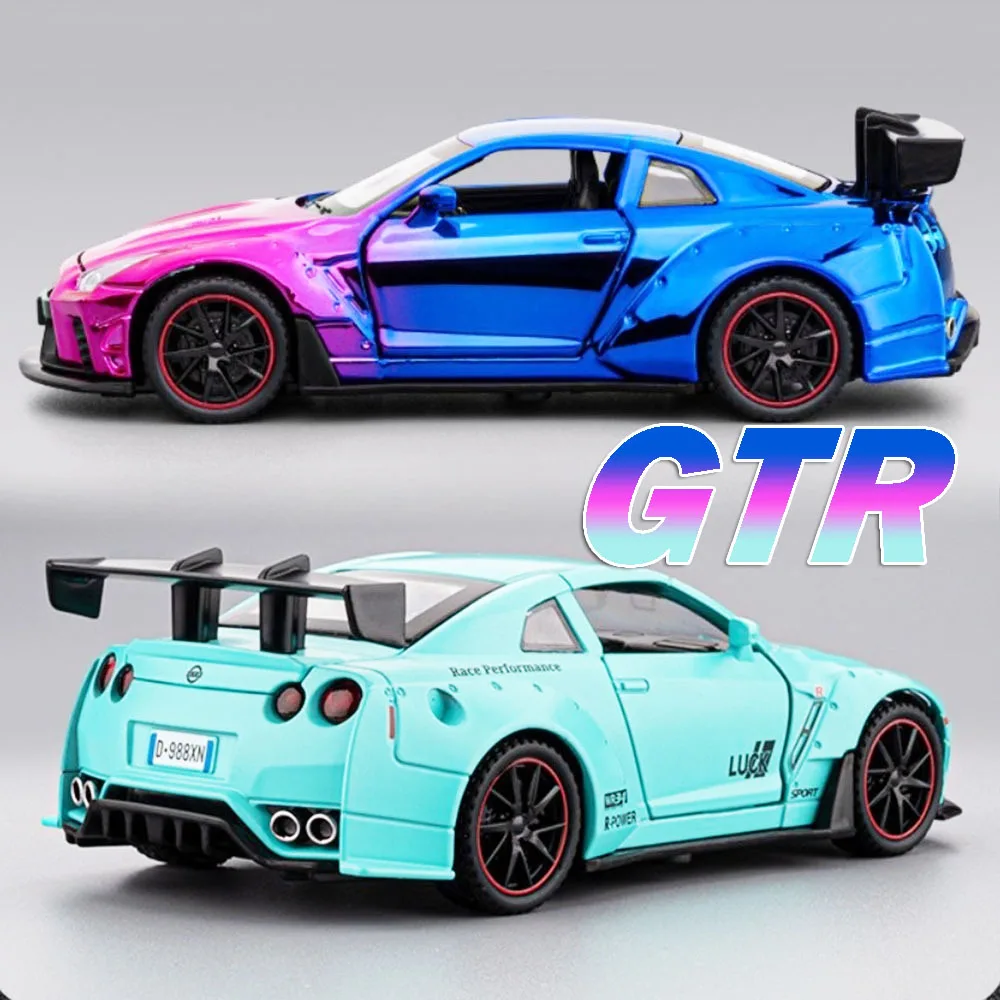1:32 Supercar Modello GTR R8 Giocattoli Pressofuso in lega Ornamento Auto sportive Suono Luce Porte aperte Tirare indietro Regali di Natale per i bambini