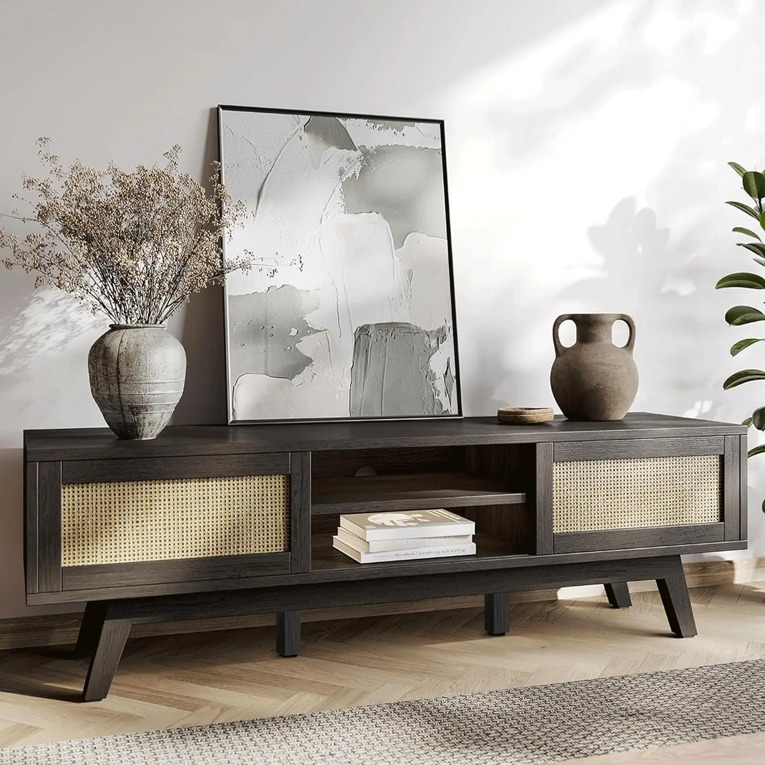 Rattan TV Stand 65 Inch, Boho Black Console Sliding Doors, Entertainment Center Storage Shelves, Mid Century Modern Media Living