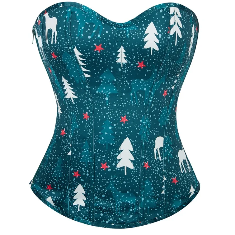 

Christmas Corset Snowflake Reindeer Print New Year Dark Green Corset with Zipper Women Christmas Dinner Party Bodice Female