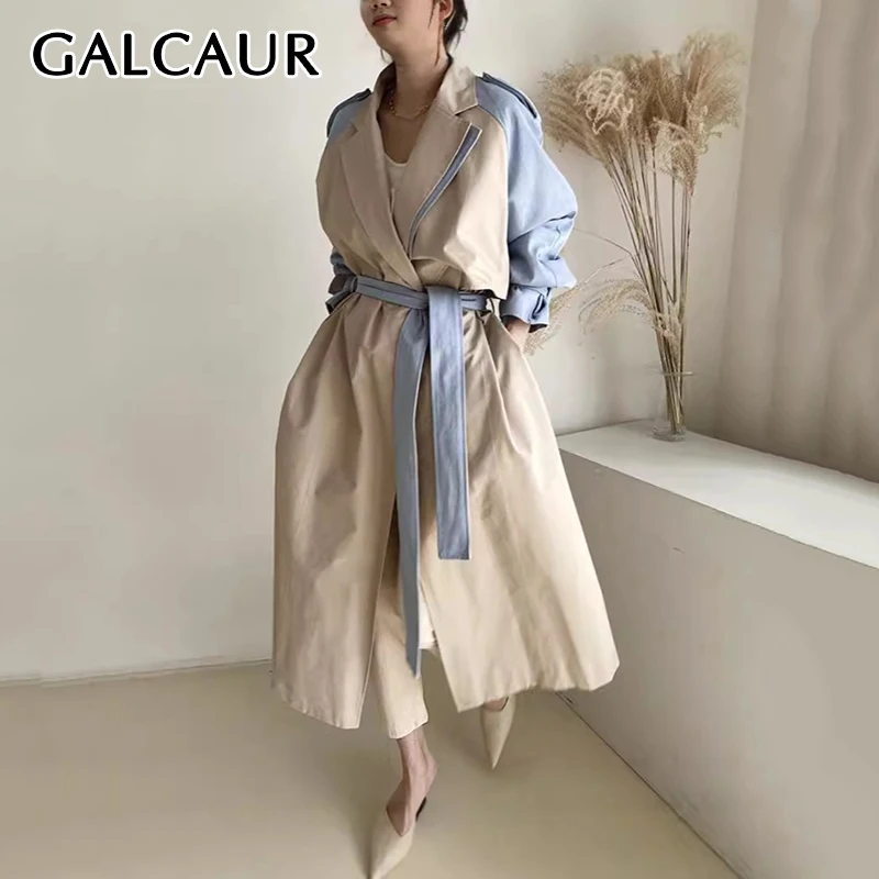 

GALCAUR Hit Color Spliced Pocket Trench For Women Lapel Long Sleeve Patchwork Lace Up Windbreaker Demale Fashion Cllothes Autumn