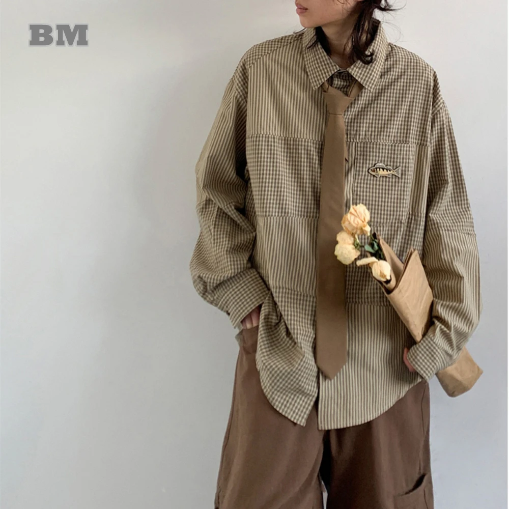 

Spring Plaid Shirt Button Down Collar Long Sleeve Unisex Couple Casual Loose Fit Japanese Preppy Lightweight Coat Men Women