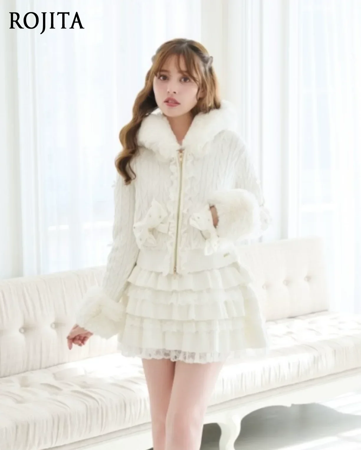 Women Sweet Lolita Knit Zip Jacket Tiered Lace Ruffle Mini Skirt Two Piece Set Faux Fur Collar Cuffs Bow Decor Winter Outfit