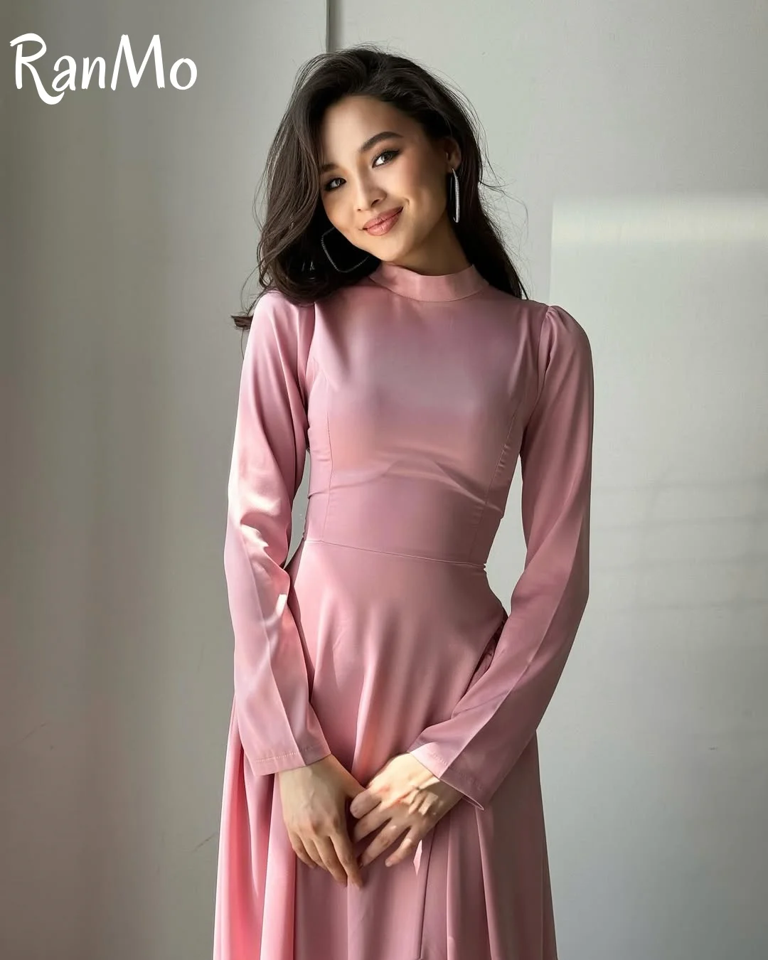 Ranmo Elegant Arabic Evening Dress Pink Chiffon Mermaid High Neck Pleats Long Sleeves Customized Prom Wedding Gown Party Dress
