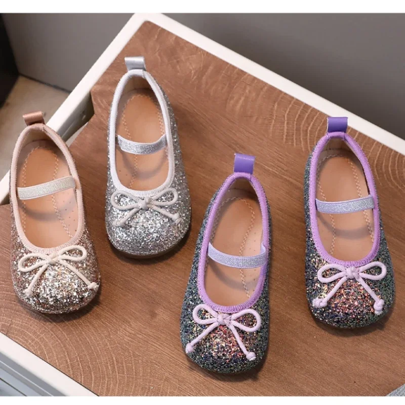 

Baby Girls Flats Shoes Fashion Crystal Paillettes Bow Children's Dance Shoes Ballet Paired with Formal Attire Kids Casual Shoes