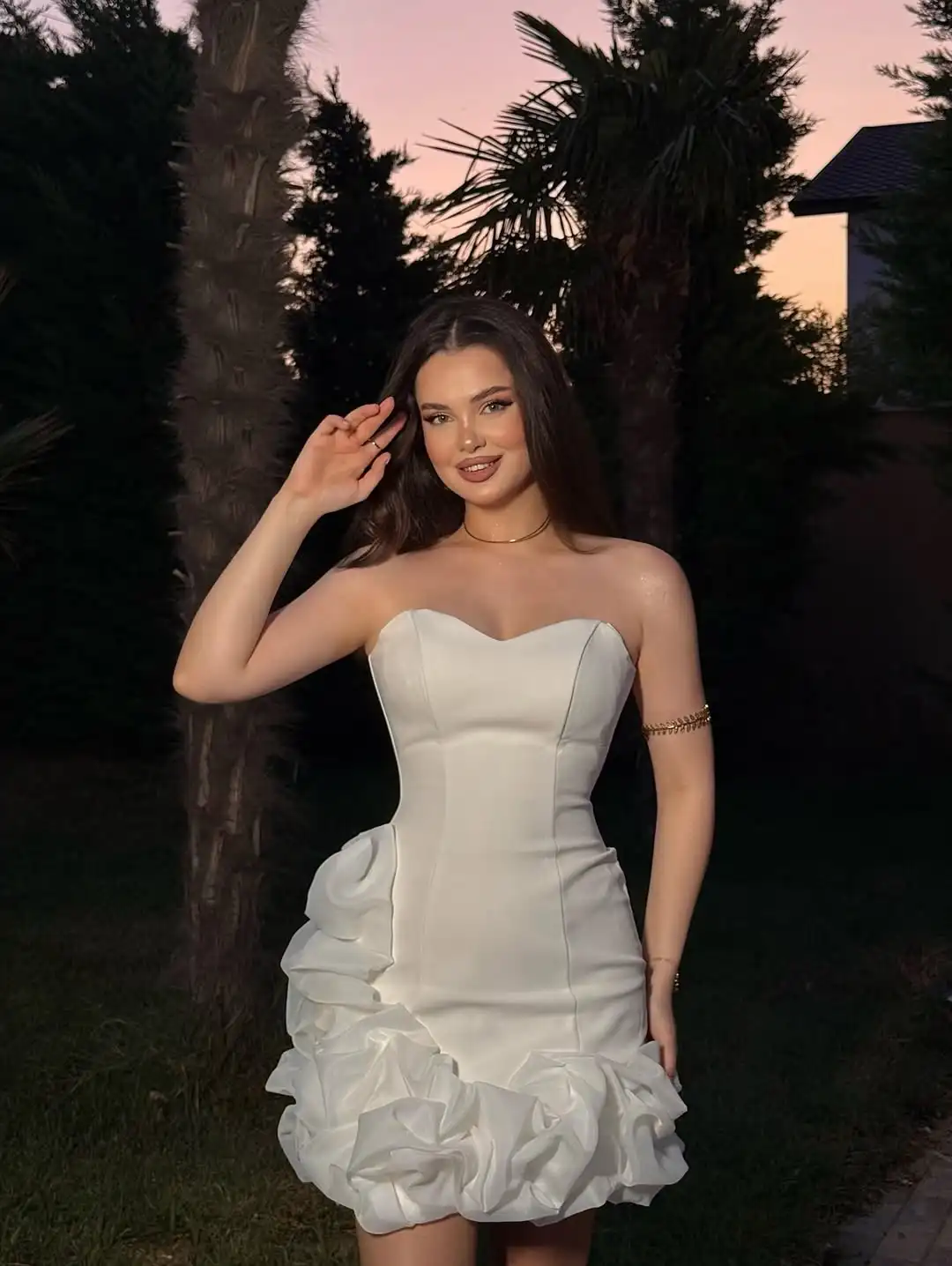 Novo design sexy srapless querida magro 3d flores ruched mini cocktail noite vestido de baile casamento vestido de noiva