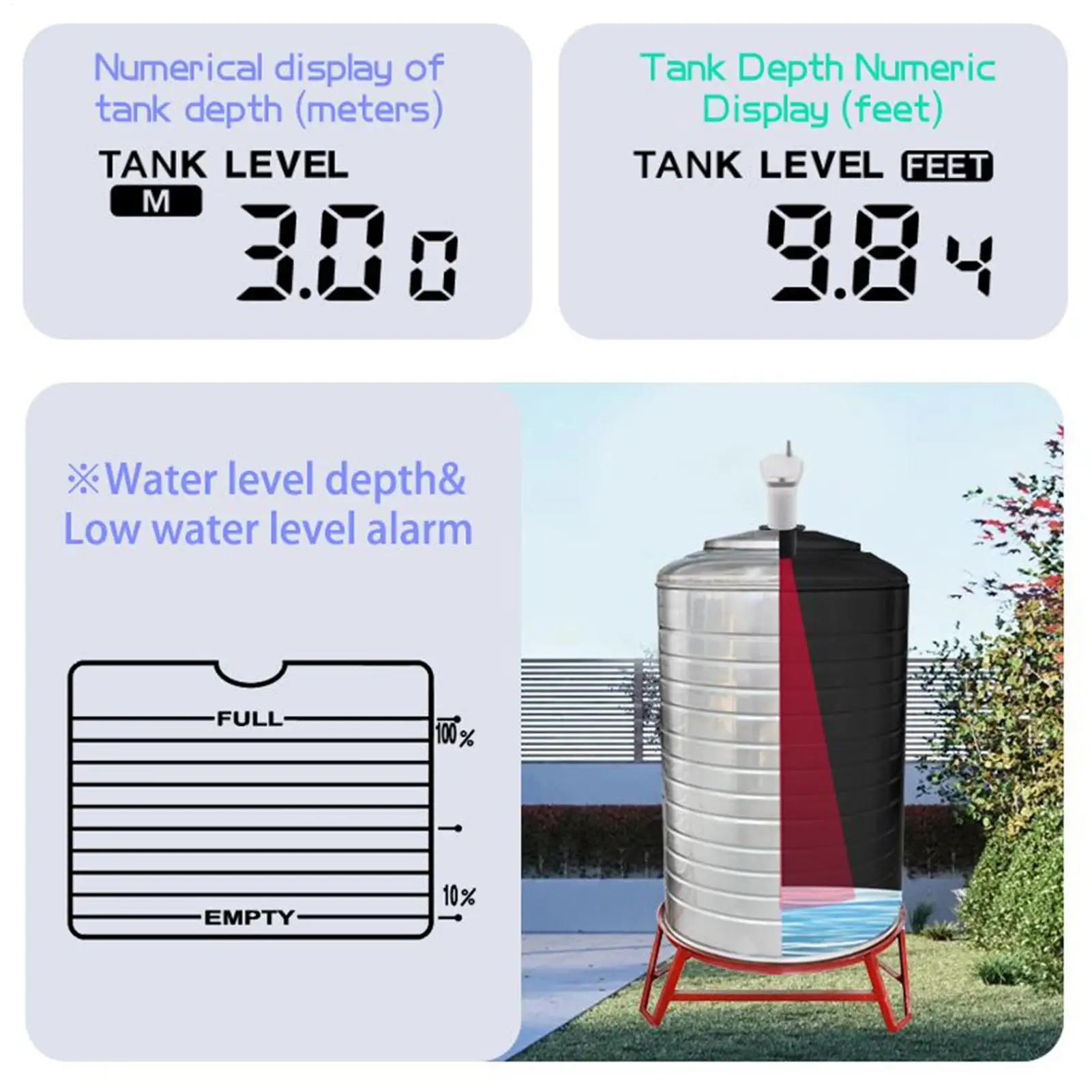Monitor de nivel de tanque de agua, Detector ultrasónico de indicador de nivel de agua, pantalla Digital, medidor multifuncional para tanque de capacidad de calibre