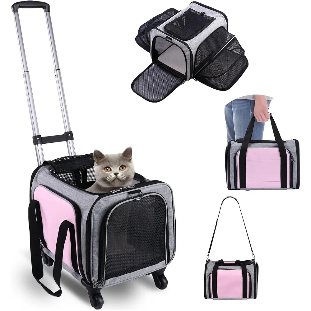 

Pet Carrier Airline Approved on Wheels - Two Sided Expandable Cat Soft Carrier for Puppy and Cats Under 26lbs, Rolling Cat Carri