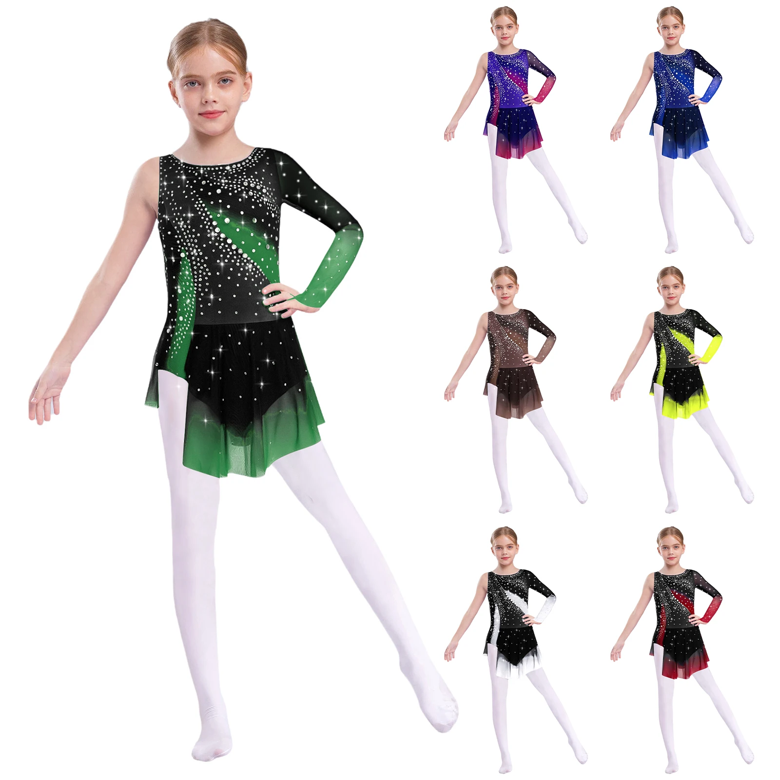 Girls Asymmetrical Gymnastics Dance Leotard Dress Sparkling Rhinestone Side Split Built-in Briefs for Ballet Stage Performance