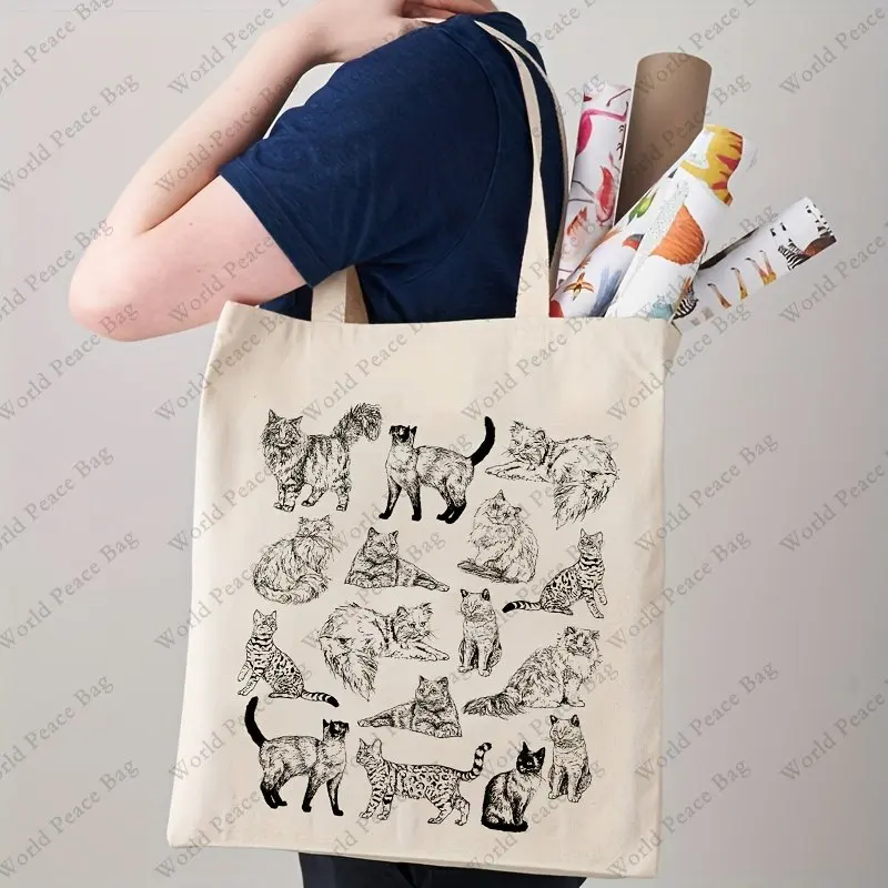 Cute Cat Pattern Canvas Tote Bag, Simple Eco Shopper Bga Versatile Lightweight Storage Bag Beach Bag Tote Bags for Women