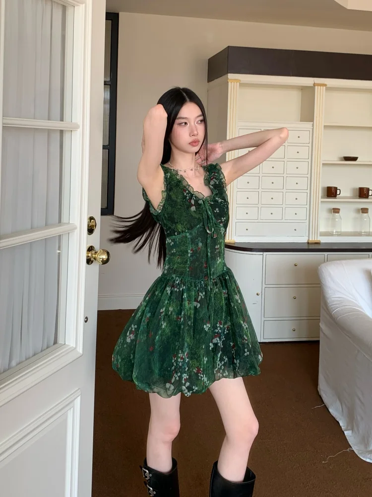 Cheerart チュールグリーン花柄フリルショートドレス 2025 女性ノースリーブボールガウンシフォンミニ誕生日ドレス高級夏