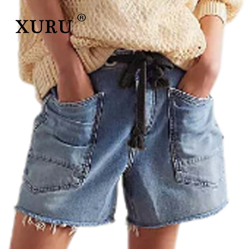 XURU - شورت جينز نسائي جديد Y2k من قماش الدنيم، جينز فضفاض برباط متعدد الجيوب، جينز قصير نسائي فاخر