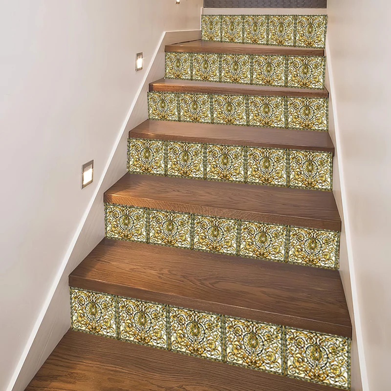 6pcs Self-Adhesive Vintage Pattern Golden folwer vine Vinyl Staircase Stickers Decals for Stair Steps Decor