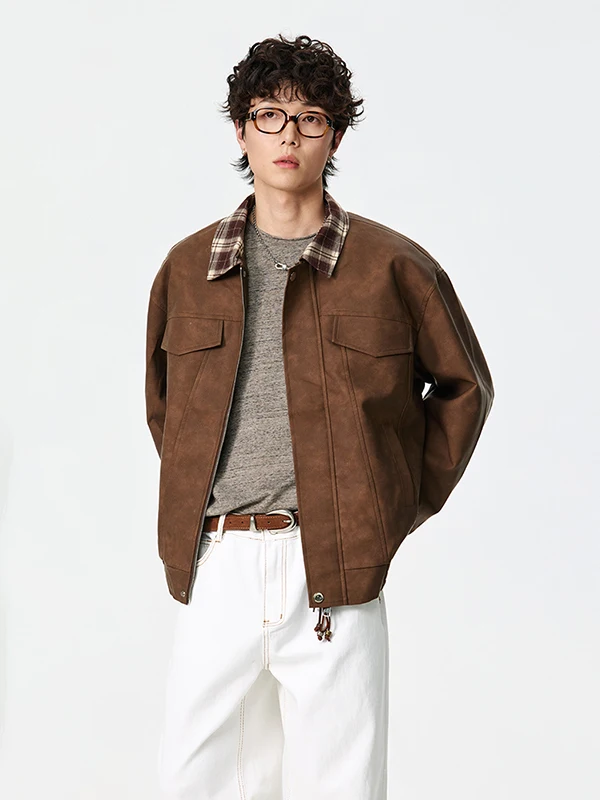 

Куртка Tangz Studio в американском ретро-стиле с клетчатым воротником из искусственной кожи для мужчин и женщин, весеннее пальто с принтом, для мальчиков и девочек, с дизайнерскими вставками, длинный рукав