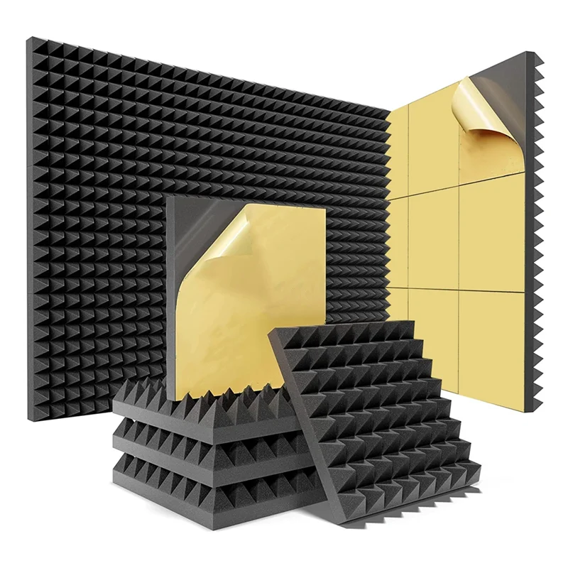 12 Pack Pyramid Sound Proof Foam Panels with Self-Adhesive, 12x12x2Inch Acoustic Foam Panels of High Density (Black)