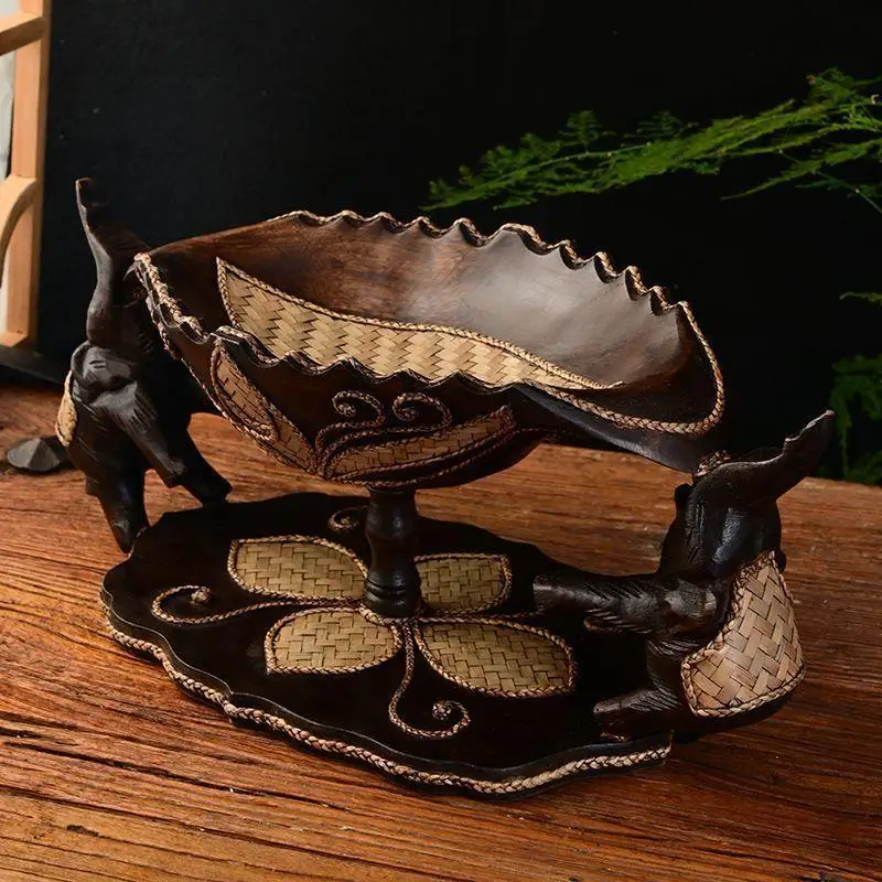 Solid wood carving new Chinese ethnic wind fruit plate ornament South East Asia ktv bamboo decorative dried fruit plate