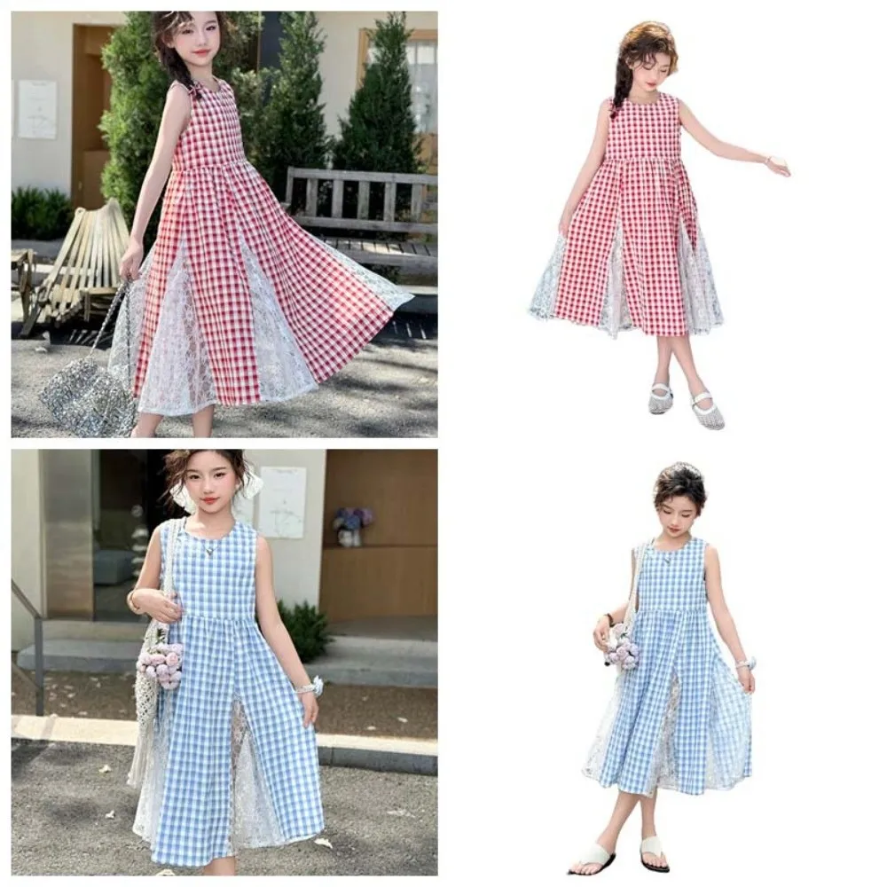 

Round Neck Children Plaid Dress Princess Sleeveless Kids Grid Long Dress Casual with Mesh Lace Flower Girls Patchwork Skirt