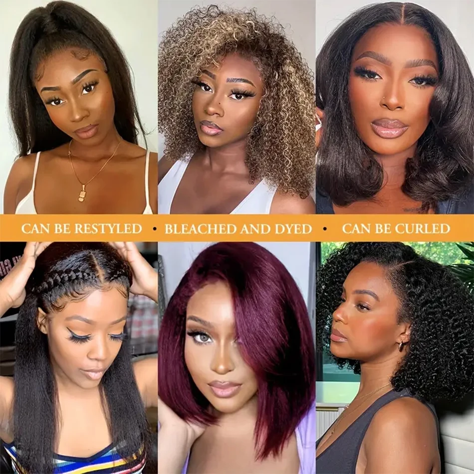 Ready To Wear Kinky Straight Bob Wigs Glueless 100% Human Hair Wigs Wear To Go Brazilian Yaki Straight Transparent Lace Wig 180%