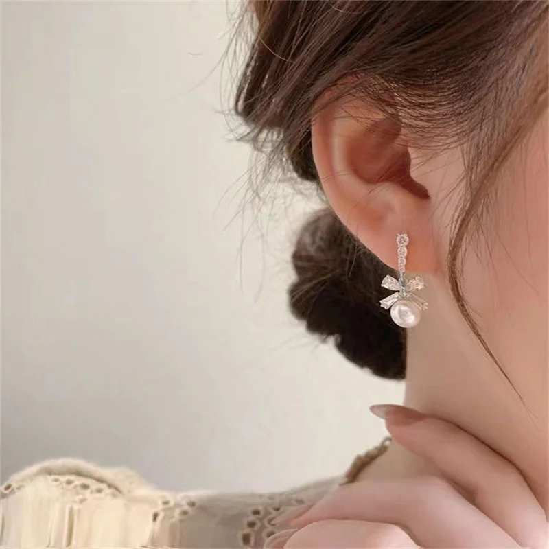 Exquisite Bow Pearl Drop Dangle Earrings For Women Bling Zircon Bowknot Stud Earrings Girl Wedding Party Sweet Jewelry