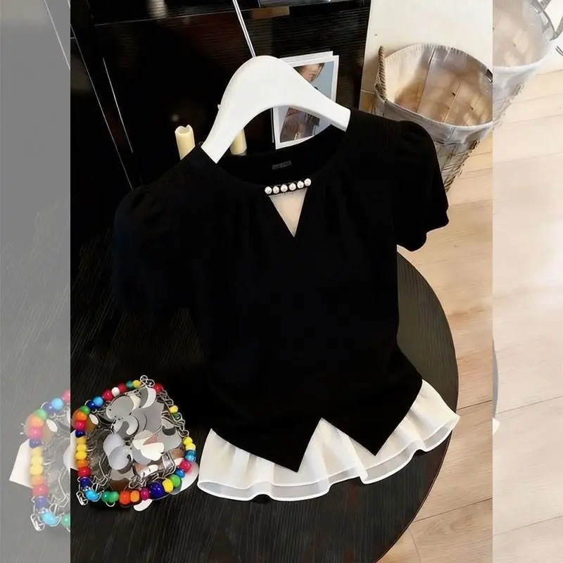 plus Size Irregular V-neck Short Sleeve Shirt Women's Summer New Style Slimming Cover-up Top Comfortable Commuting Style