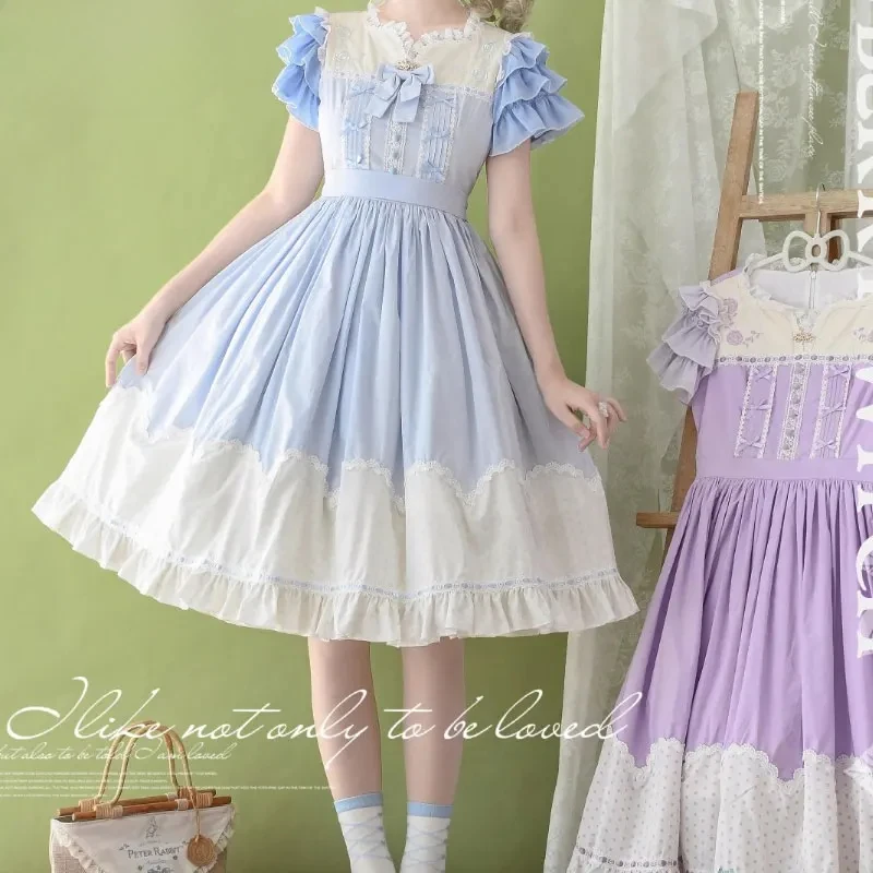 Vestido Sweet Lolita Vestido midi informal bordado de algodón con lunares y manga corta en capas de Strawberry Witch 2025 Spring bb