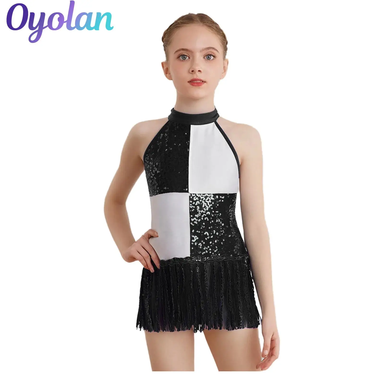 

Kids Girls Gymnastics Ballet Latin Jazz Dance Performance Costume Shiny Sequins Tassel Halter Sleeveless Backless Leotard Dress