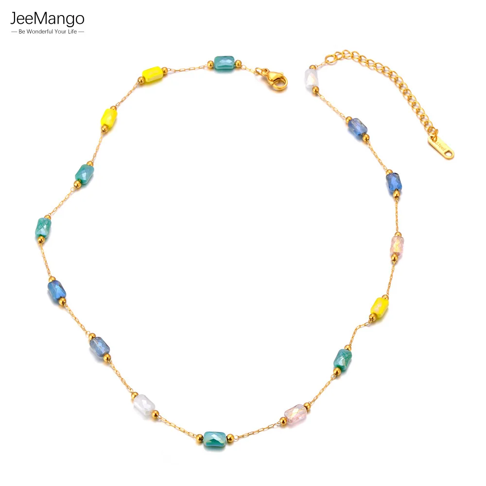 Jeemango Mode bunte cz Kristall Charm Halskette wasserdichten Edelstahl 18 Karat vergoldet Frauen Hals reifen Schmuck jn24045