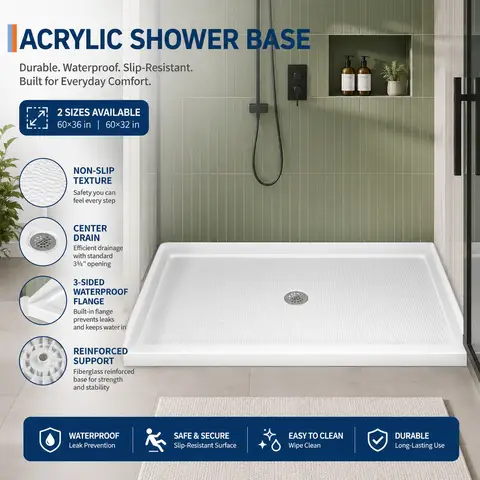 60"x36"/60"x32" Duş Tabanı, Merkez Drenajlı Beyaz Akrilik Duş Teknesi, Kaymaz Zemin, 3 Kenarlı Flanş, Su Geçirmez Duş Teknesi, Paslanmaz Drenaj Kapağı ile
