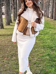 HH Women Faux Leather Lambswool Patchwork Sleeveless Vest Winter Jackets Female Fashion Thickening Warm Zip Waistcoats Coat