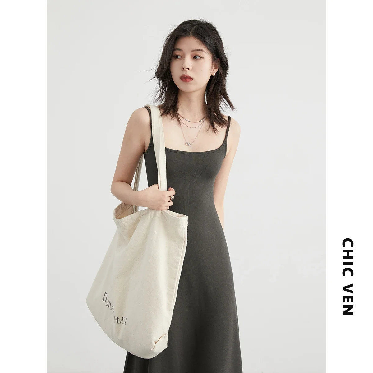 CHIC VEN Women Dresses Solid New Sleeveless Girl U-Neck Strap Dress Slim Fit Long Pullover Soft Female Dress Summer 2024