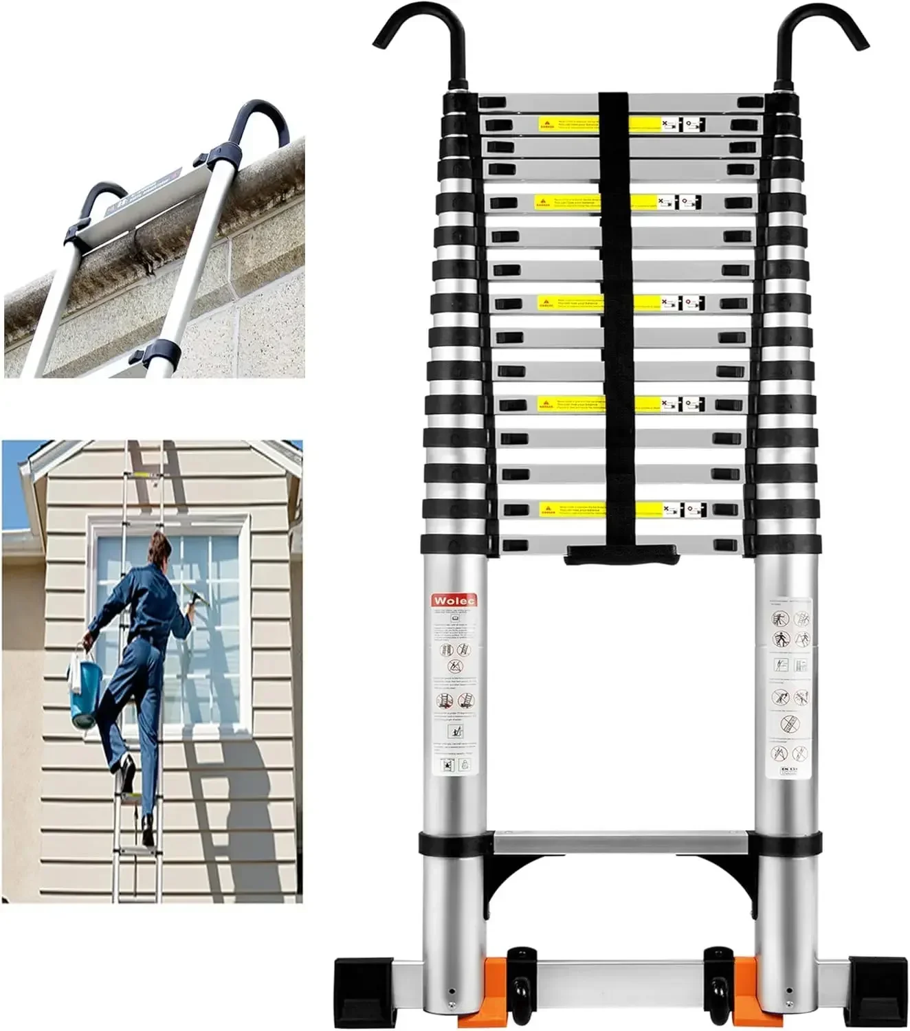 Ladder, 20.3FT Aluminum Portable Extension Ladder w/Hooks, Stabilizers& Wheels, Heavy Duty 330lbs Max Capacity, Collapsible Tele