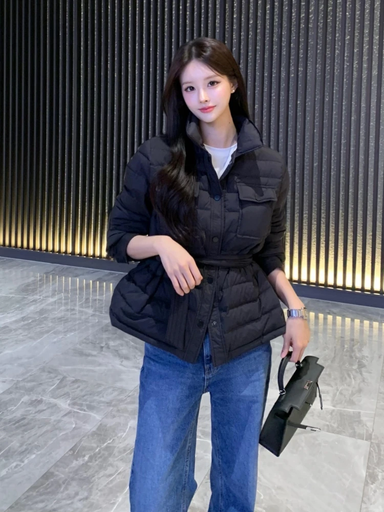 

Women's Quilted Jaet Winter Warmth 90 White Du down Filled Mid-Length Coat with Stand Collar Waist-Cinching Design