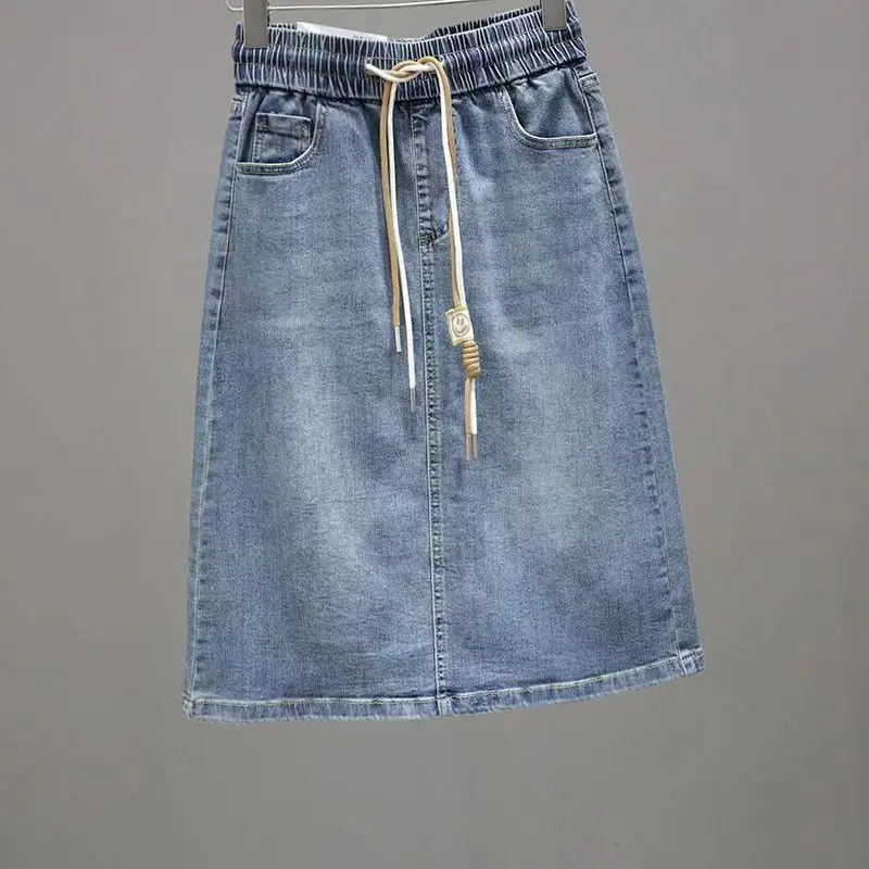 

Korean Lady Large Size 3XL Denim Maxi Skirt Spring Summer Women Lace Up Jeans Long Skirts Femme In Half Body Cowboy A-line Skirt
